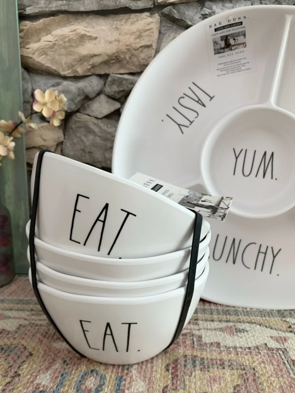 NWT Rae Dunn EAT Set of 4 Black White Melamine Serving Bowls Dishes Artisan New